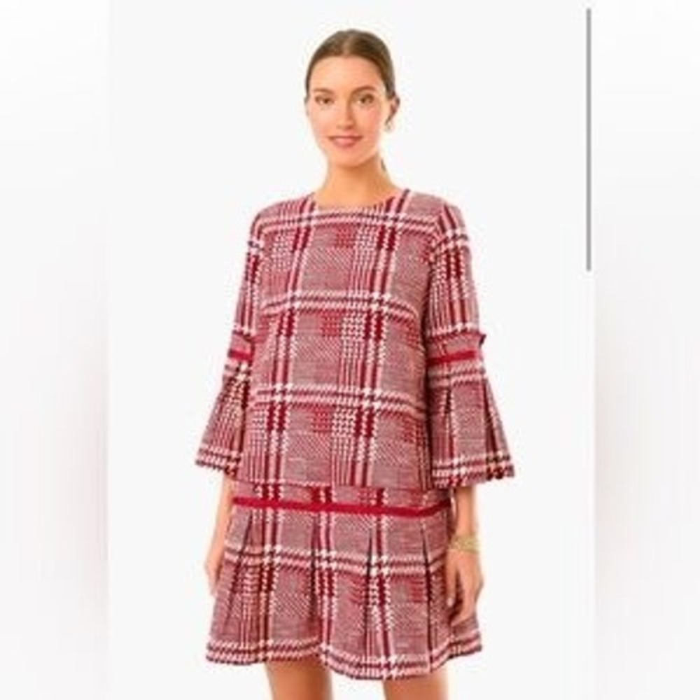 Tuckernuck Cranberry Red Houndstooth‎ Kennedy Bell Sleeve Drop Waist Dress XXXL
